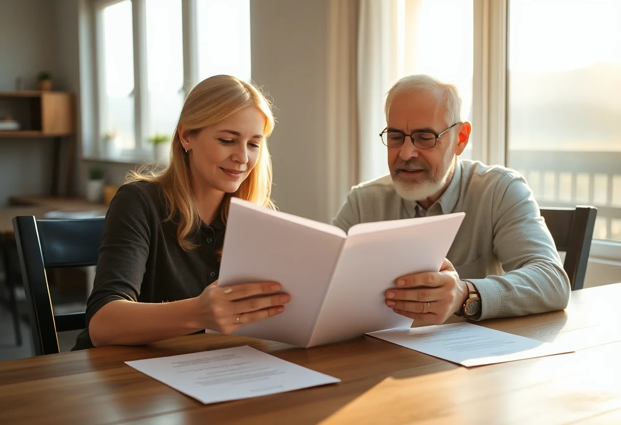 Adult daughter and her senior father reviewing a folder of documents together at their dining table