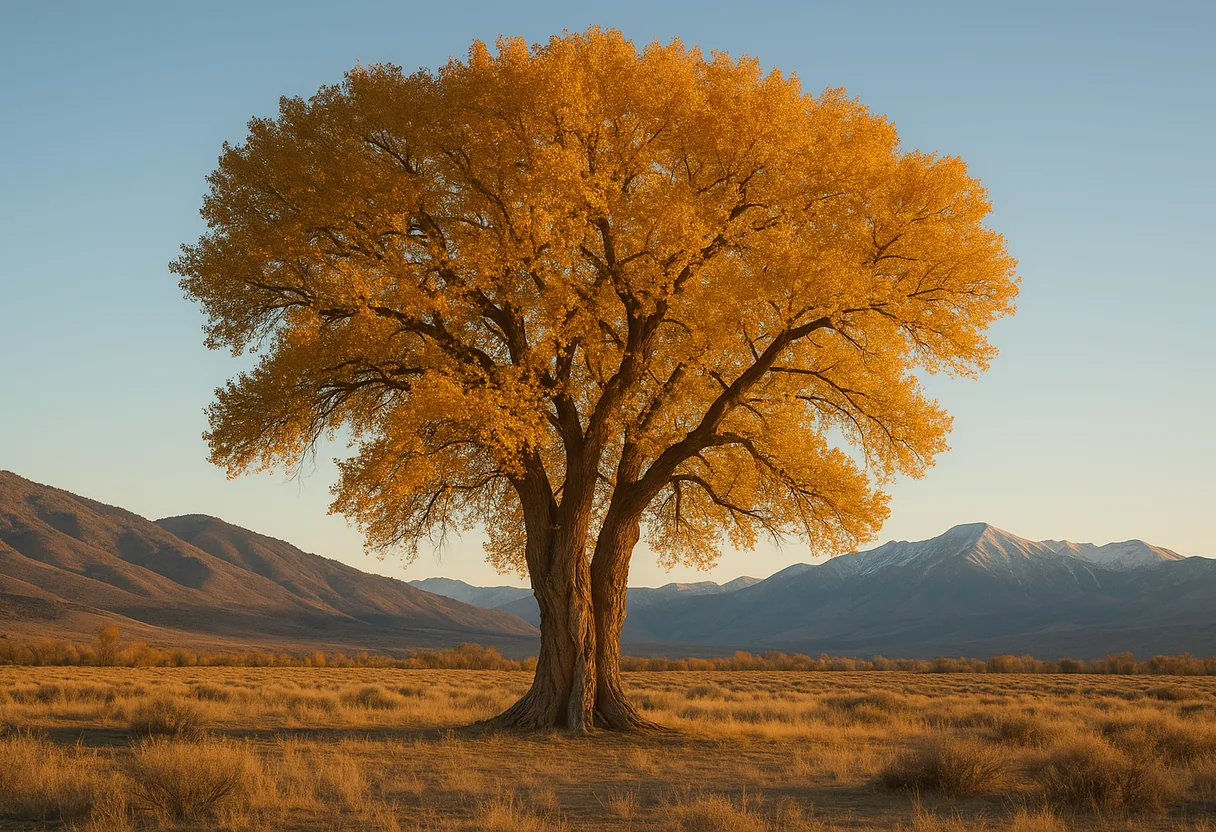 A single old cottonwood tree grown from two intertwined trunks into one shared golden canopy, standing in a Nevada high-desert meadow at golden hour with the Sierra Nevada behind it