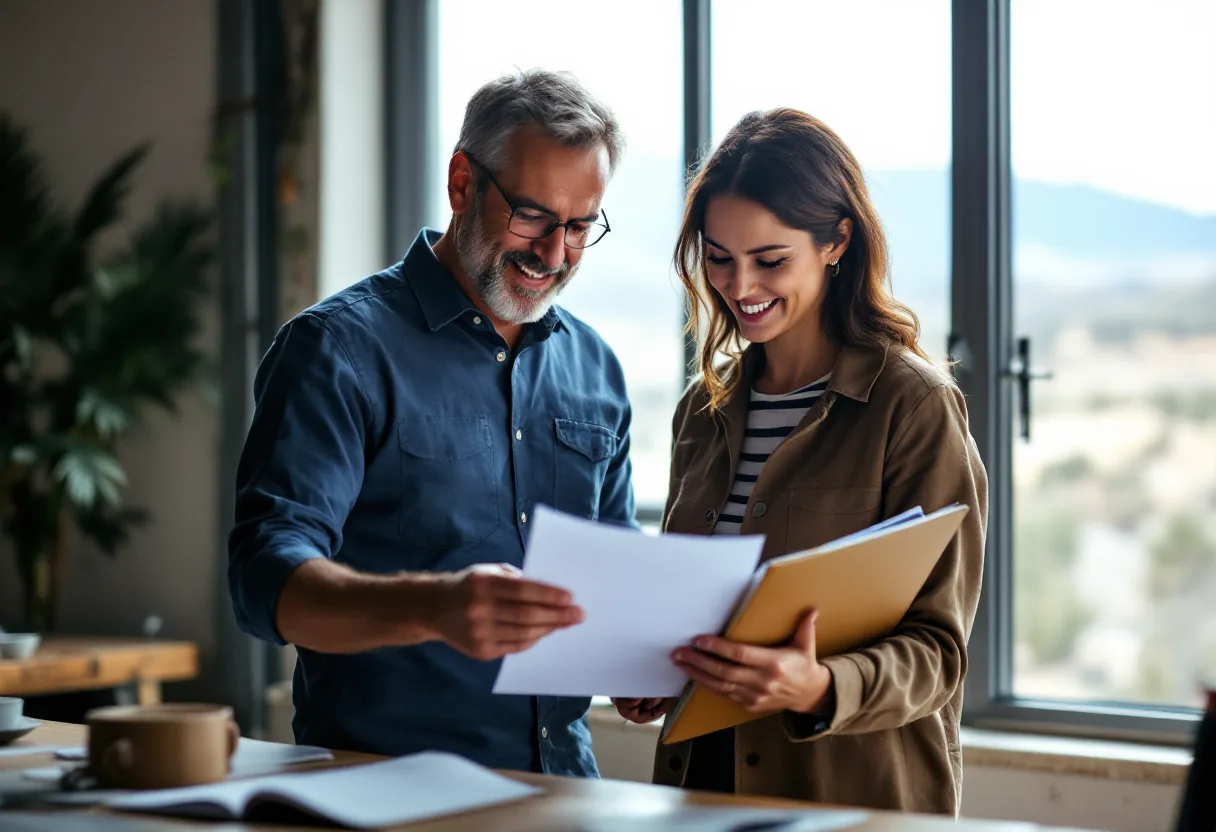 Two Nevada small-business co-owners reviewing a partnership buy-sell agreement together at a workbench in warm natural light, with the high desert visible through a large window