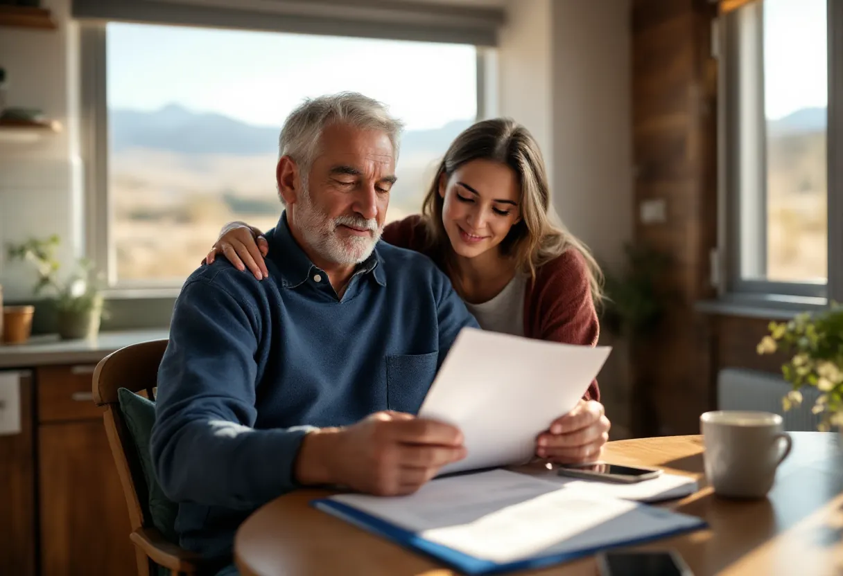 A reassured Nevada man reviewing an insurance folder and a medical bill at his sunlit kitchen table while his adult daughter rests a supportive hand on his shoulder