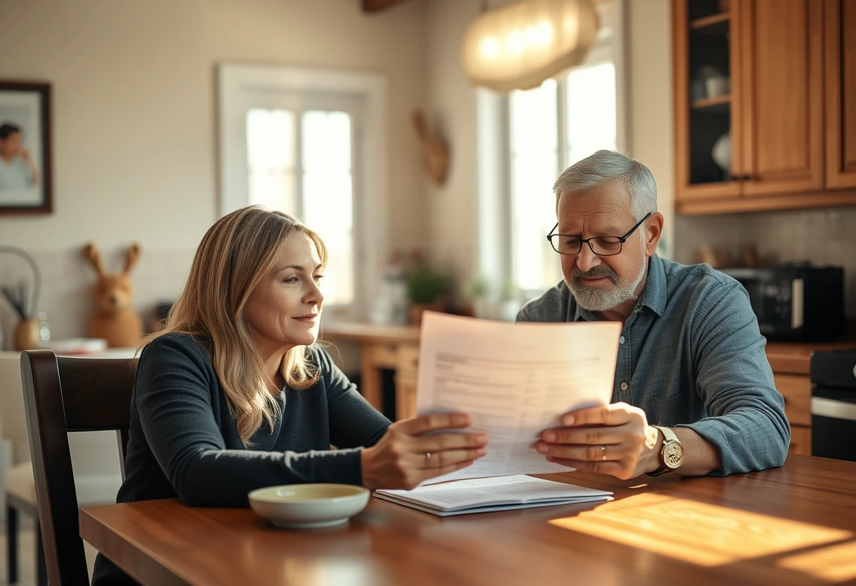 Adult daughter reviewing a final expense insurance document with her senior father at their kitchen table