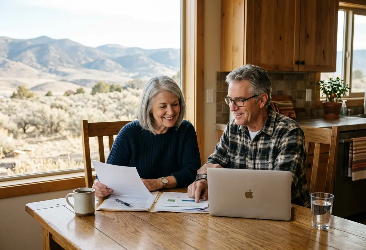 A calm retired Nevada couple in their sixties reviewing financial statements and a laptop at their sunlit kitchen table with the high desert visible through the window