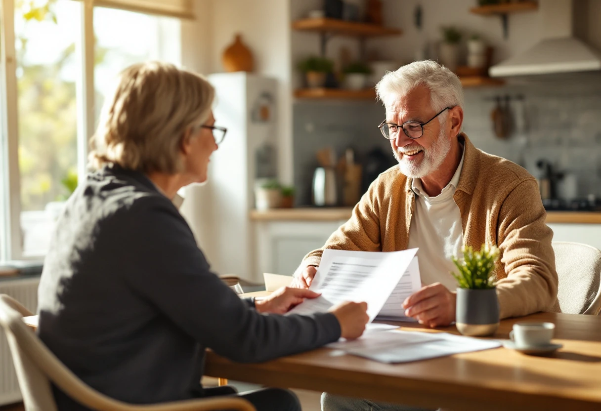 A retired Nevada couple reviewing annuity options with their independent insurance advisor at a sunlit kitchen table