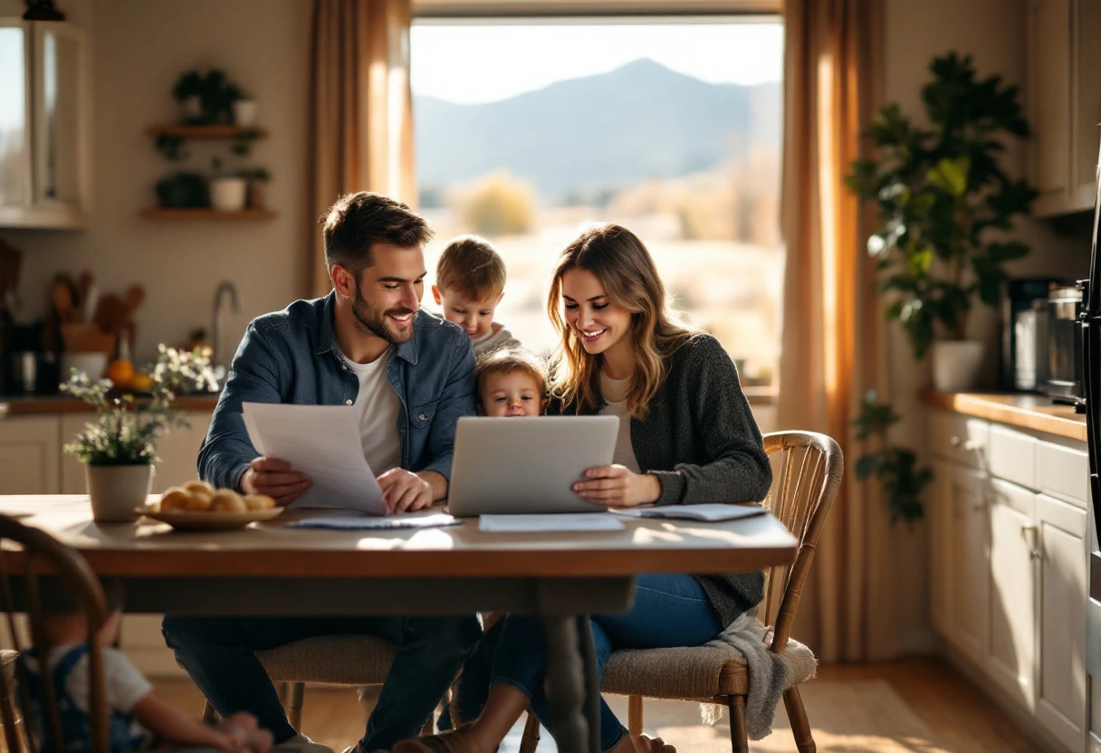 A young Nevada family reviewing a life insurance planning worksheet and laptop at their sunlit kitchen table with the high desert visible through the window