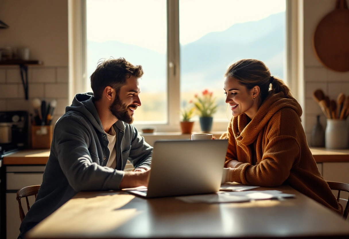 A healthy Nevada couple reviewing health-plan paperwork on a laptop at their sunlit kitchen table with the high desert visible through the window
