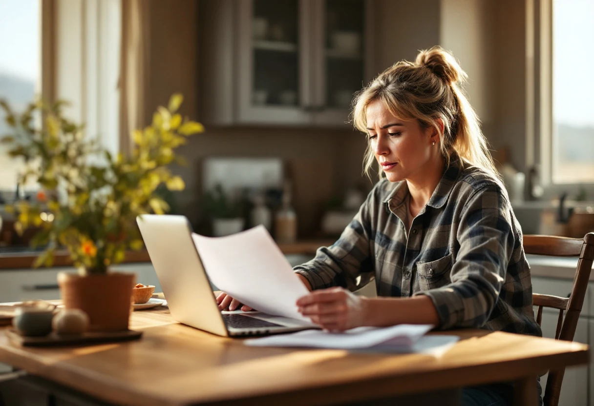 Self-employed Nevada worker reviewing bills and paperwork at her kitchen table after an unexpected injury