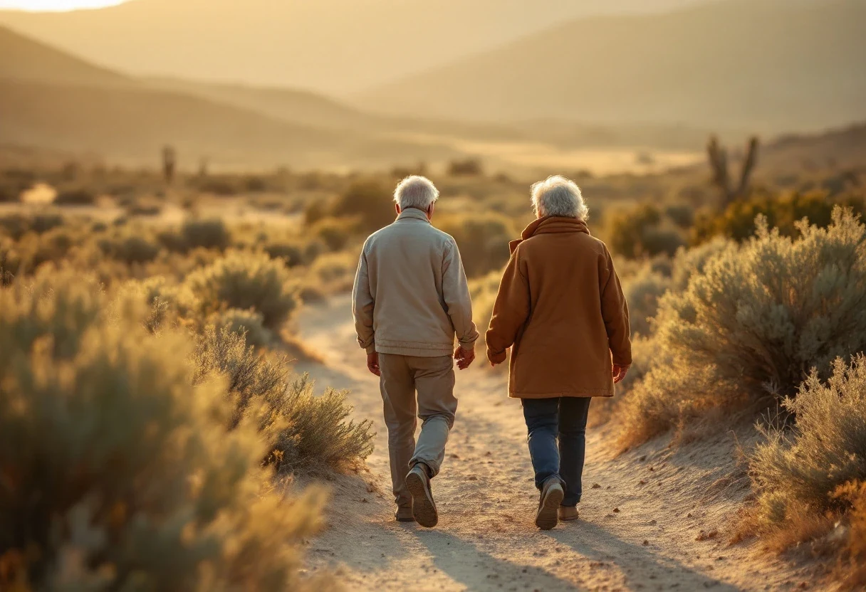 A retired Nevada couple reviewing life insurance paperwork over coffee at a sunlit kitchen table with high-desert mountains through the window