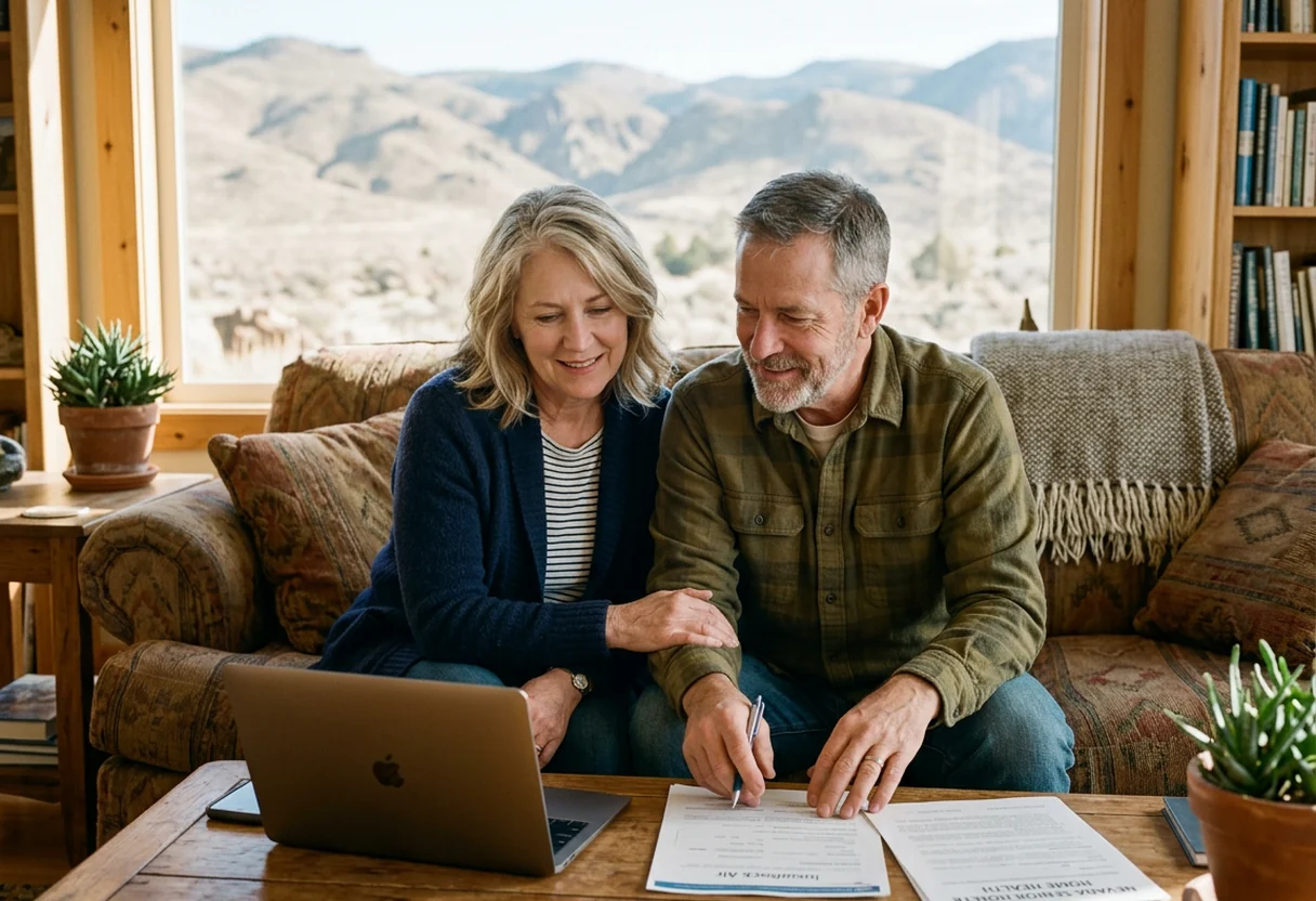 A Nevada couple in their late fifties sitting close together on their living-room sofa, the wife resting a reassuring hand on her husband's as they review an insurance document and a laptop in warm morning light with the high desert visible through the window behind them