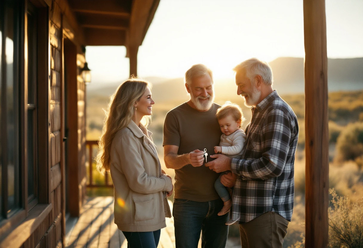 Three generations of a Nevada family on the front porch of their high-desert home at golden hour as a grandfather hands a set of house keys to his young grandchild