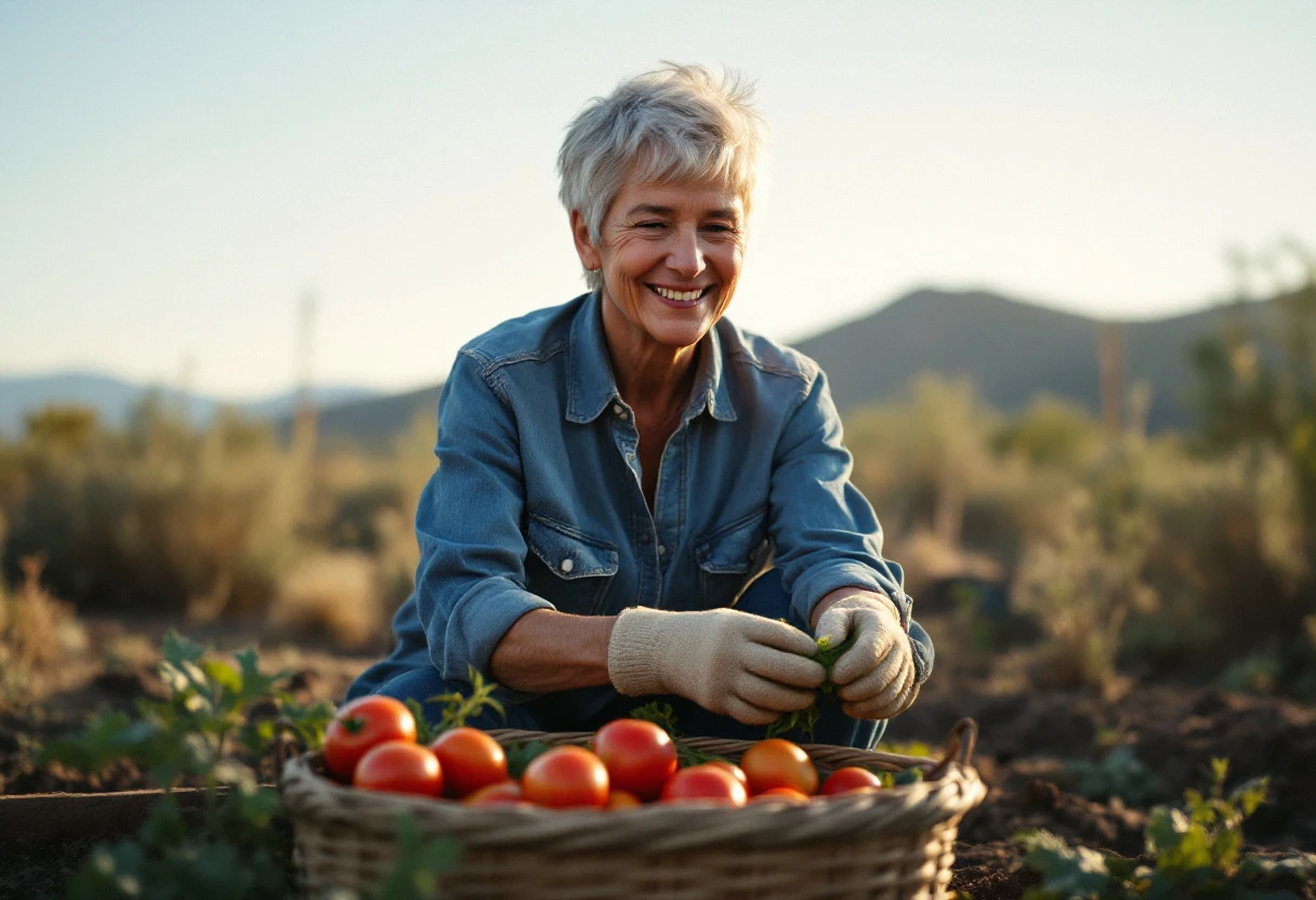 An independent woman in her early seventies harvesting tomatoes in the raised-bed garden behind her Northern Nevada home at golden hour, the Sierra Nevada foothills softly out of focus in the distance