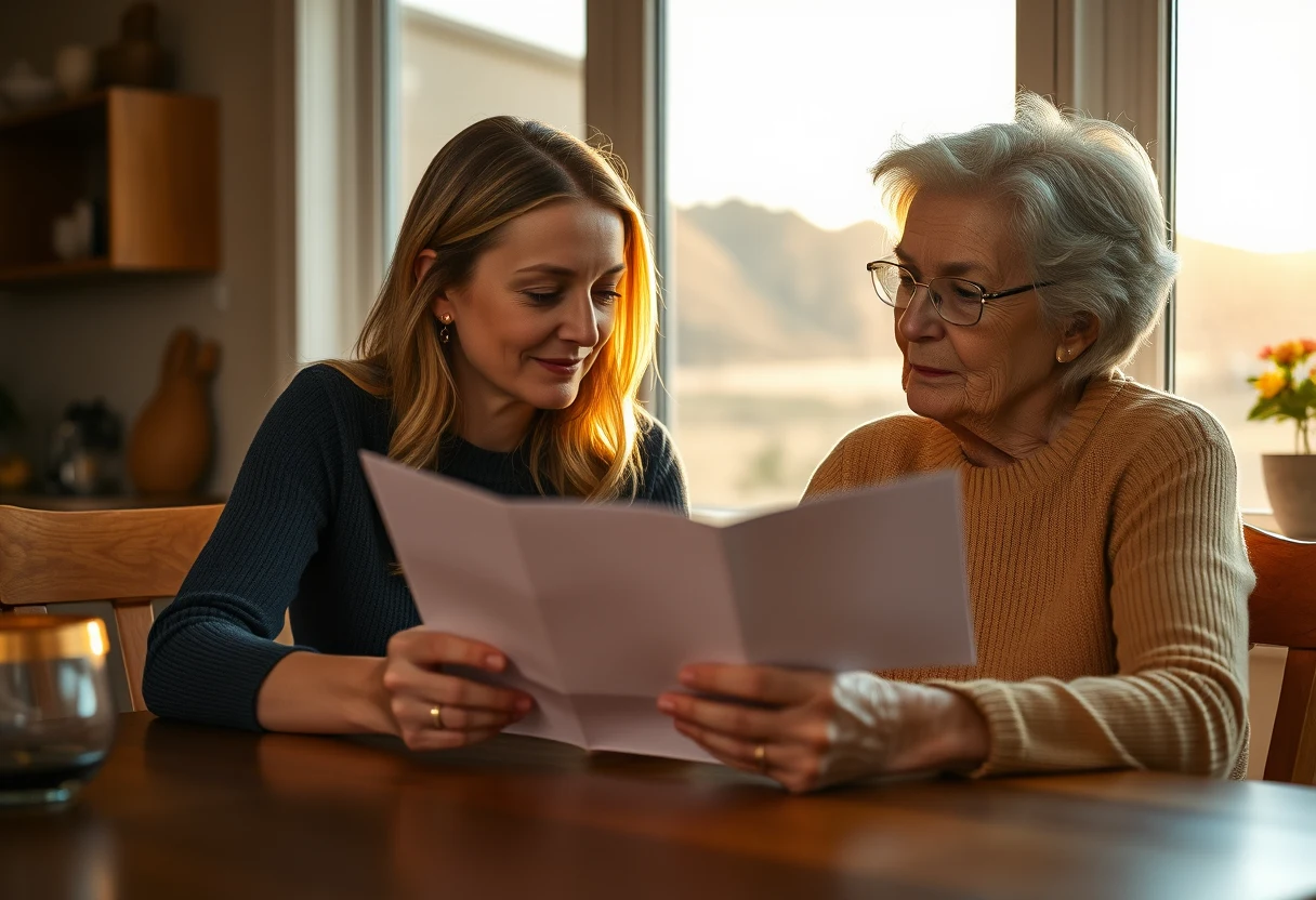 Adult daughter reviewing a long-term care insurance brochure with her senior mother at their home dining table