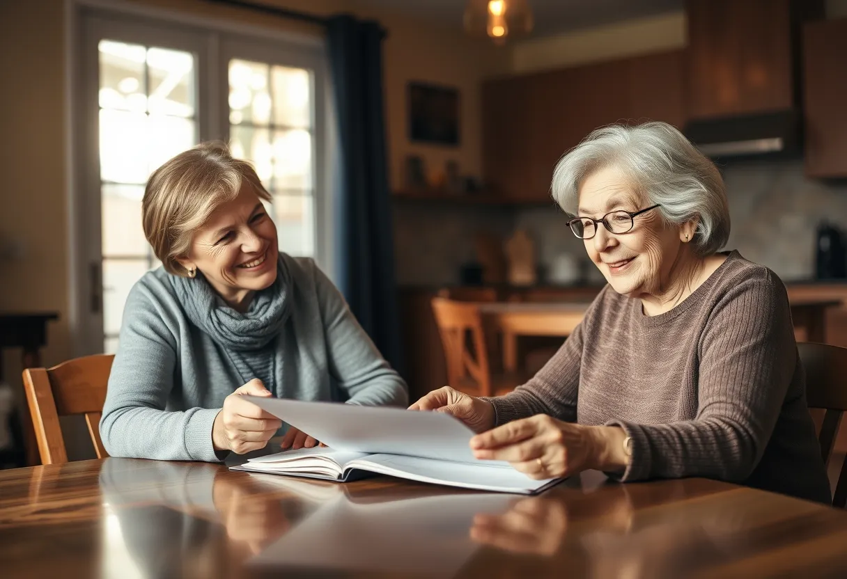 An advisor reviewing a Medicare savings document with a smiling senior Nevada woman at her kitchen table