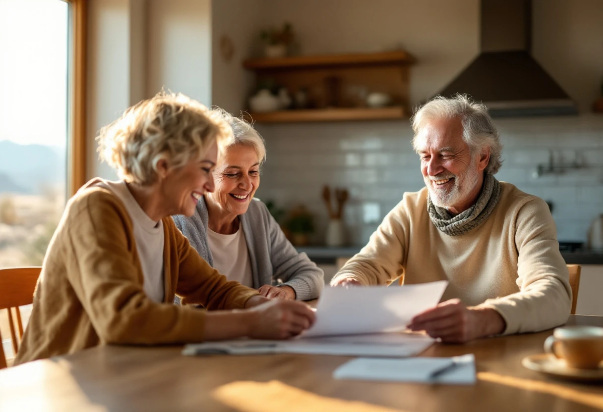 Adult daughter reviewing Medicare and long-term care planning paperwork with her senior parents at their kitchen table
