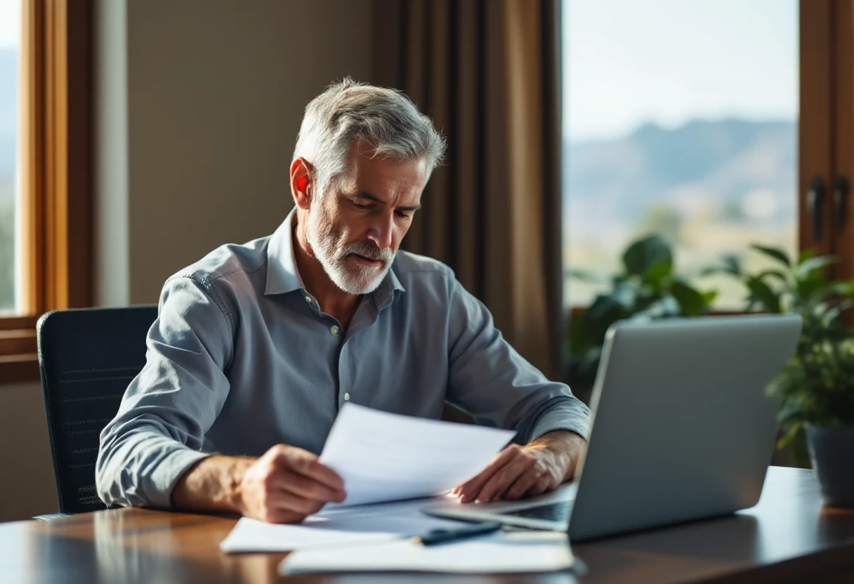 Nevada professional in his early sixties reviewing Medicare enrollment paperwork at his office desk before retirement