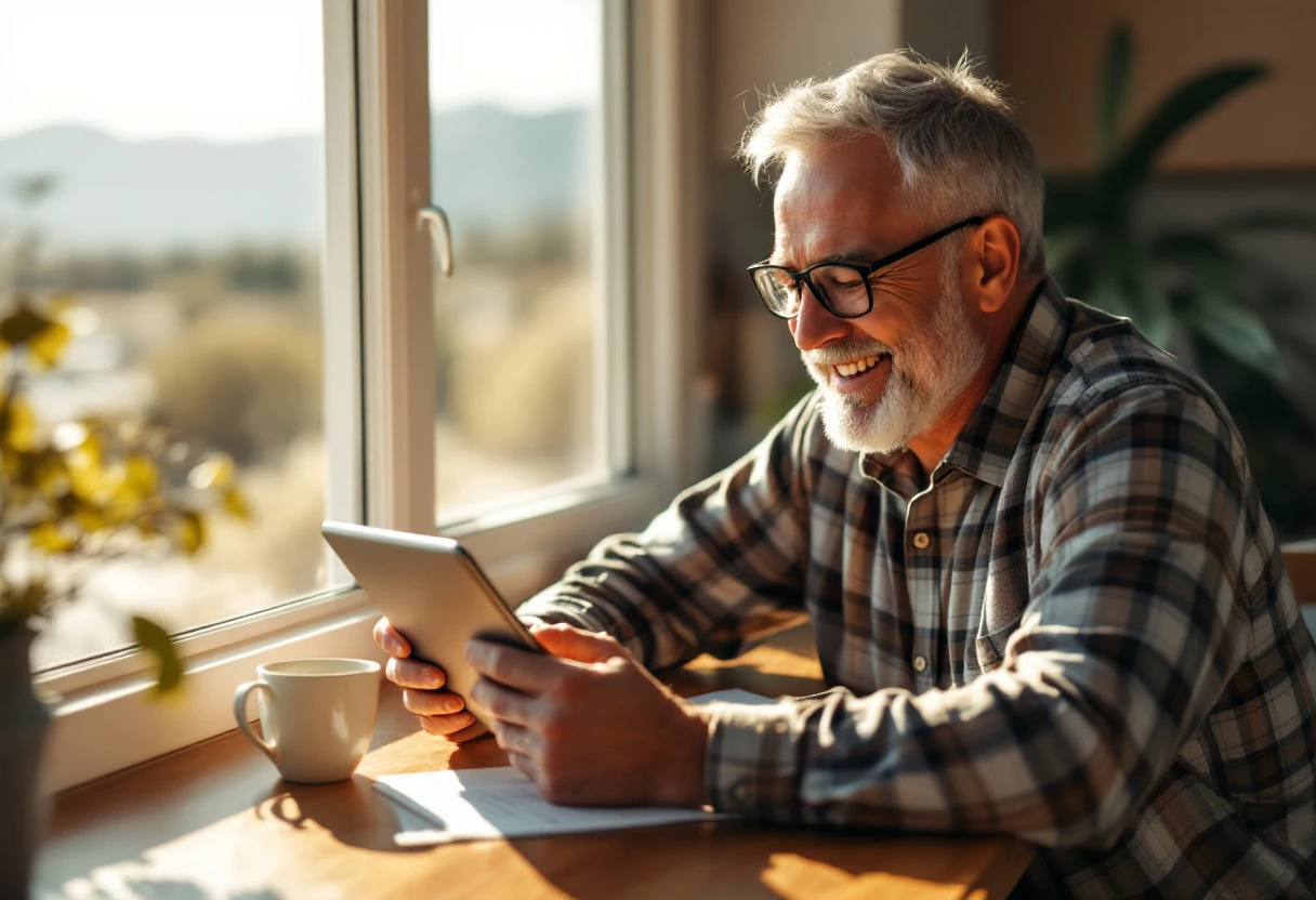 A relaxed Nevada man in his early fifties completing a life insurance application on a tablet at his sunlit kitchen table with the high desert visible through the window