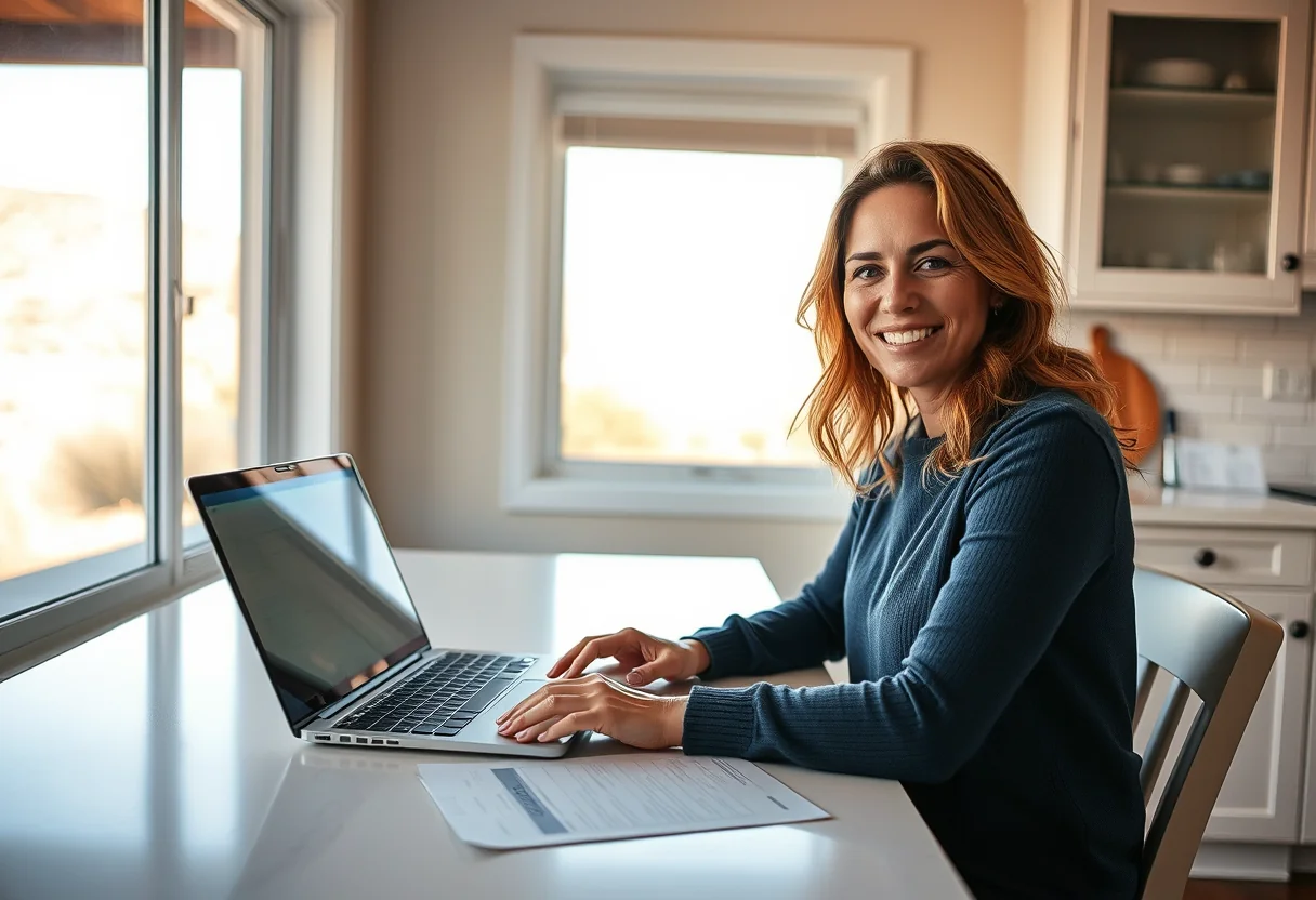 Self-employed Nevada worker reviewing health insurance options on a laptop at her kitchen table